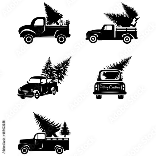 set of silhouettes Christmas Truck, truck with christmas tree, vintage truck with a Christmas pine tree, Christmas Truck Silhouette, Christmas Truck vector, Christmas vector design