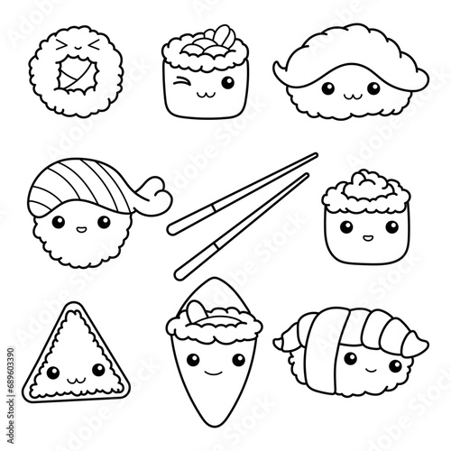 Set with rolls and sushi. Cute kawaii characters. Coloring book. Black and white vector illustration.