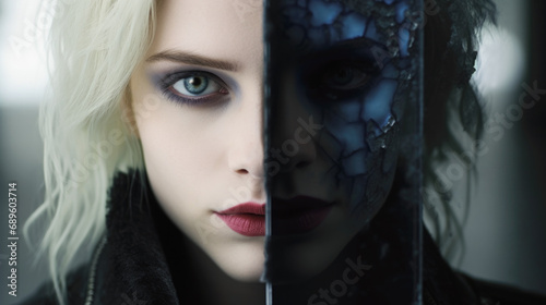 A surreal and mysterious portrait of a woman revealing her face on one side and hiding it with dark pane of black lace on the other.