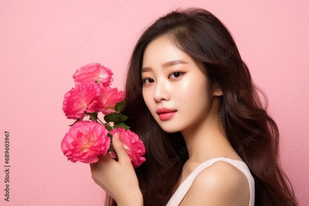 Korean Beauty Model with Flawless Skin and Spring Blossoms. Korean Beauty Model with Flawless Skin and Spring Blossoms.