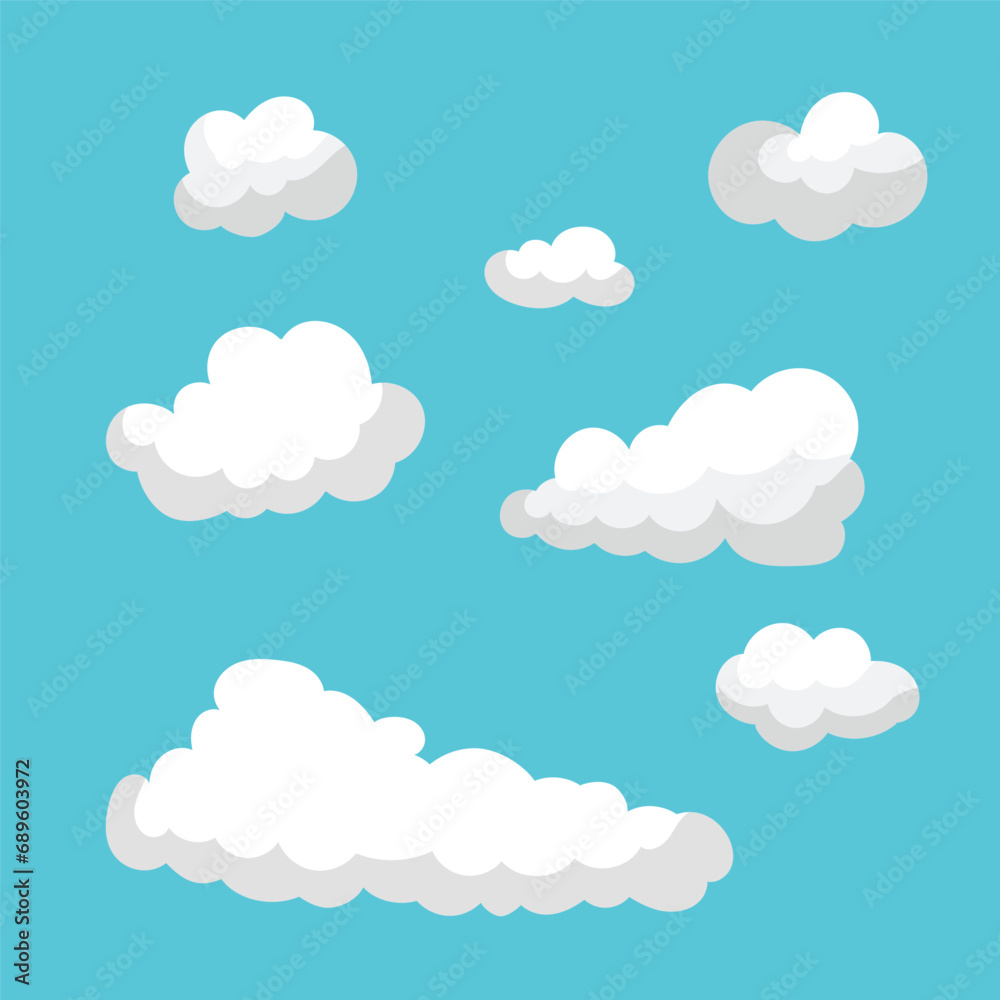 Set of vector white clouds of various shapes and transparency in the blue sky. Collection of blue clouds and beautiful shadow. Simple cute cartoon design. Flat vector illustration