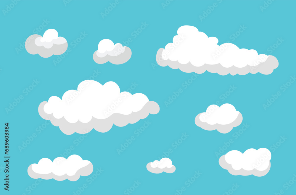 Set of vector white clouds of various shapes and transparency in the blue sky. Collection of blue clouds and beautiful shadow. Simple cute cartoon design. Flat vector illustration