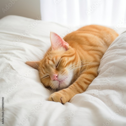 Cute little kitten sleeps on bed Cat Sleeping on a White Blanket
