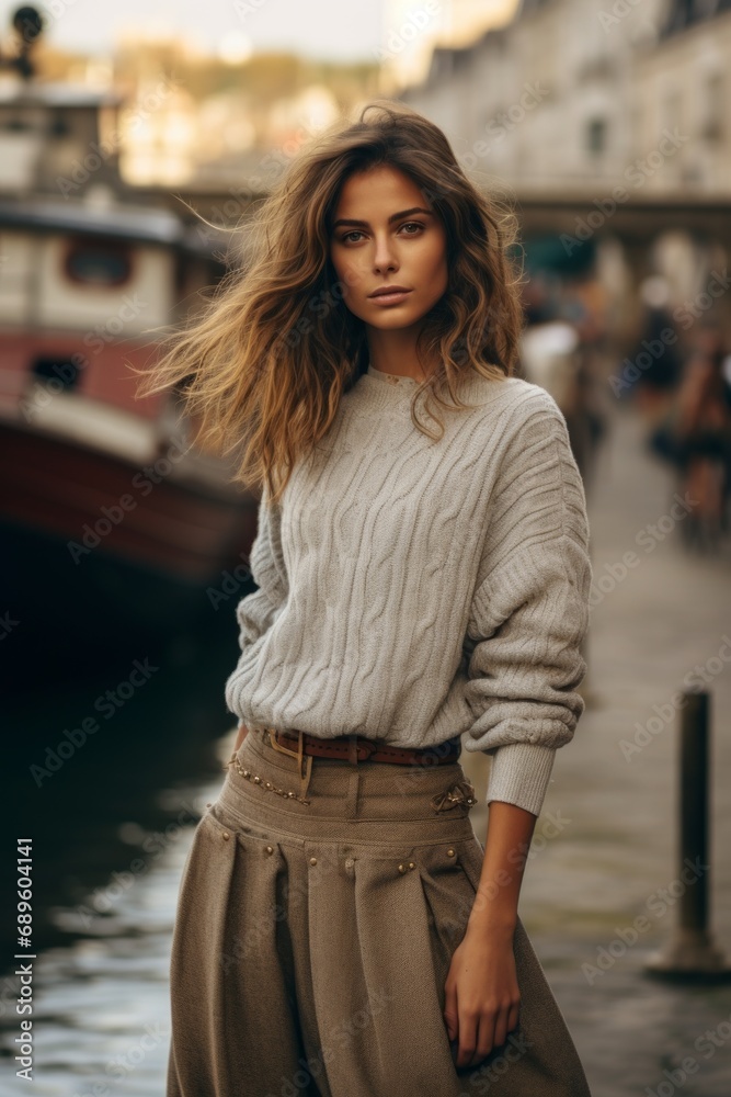full body shot of a attractive woman wearing a boat neck sweater, and a woolen skirt, pointed toe shoes, fashion outfits travel in old town europe winter autumn season travel carefree lifestyle