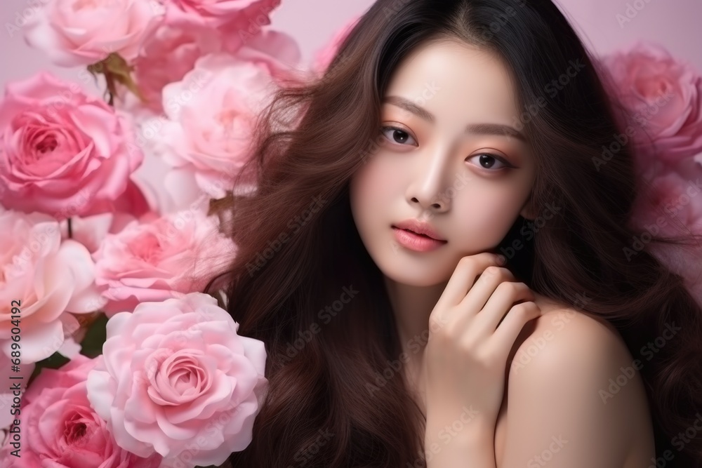 Korean Beauty Model with Flawless Skin and Spring Blossoms. Korean Beauty Model with Flawless Skin and Spring Blossoms.