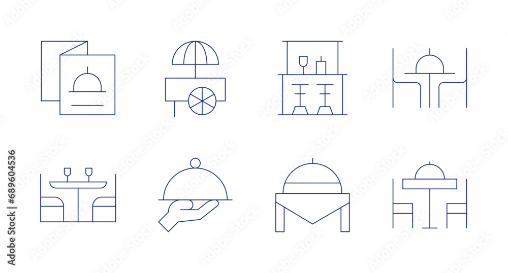 Restaurant icons. Editable stroke. Containing pub, food tray, restaurant, menu, table, food cart, waiter.