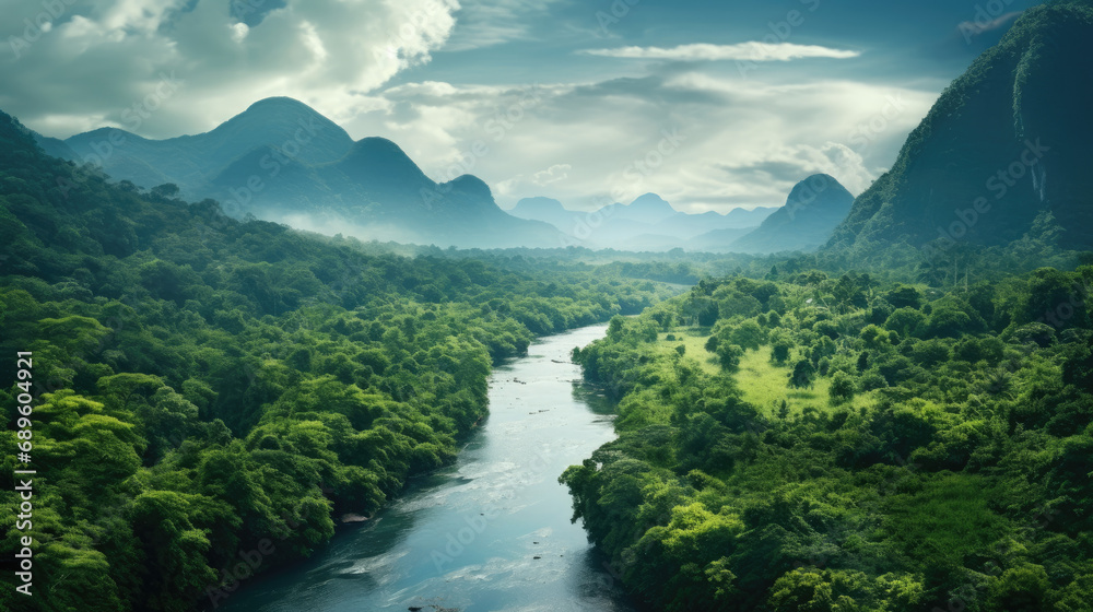 Summer in Lush Rain forest. Rivers and Tropical Vista Landscape