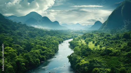 Summer in Lush Rain forest. Rivers and Tropical Vista Landscape