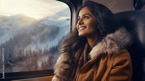 portrait of a indian tourist on a train.  Woman in a fur coat traveling in snow covered Swiss alps photo