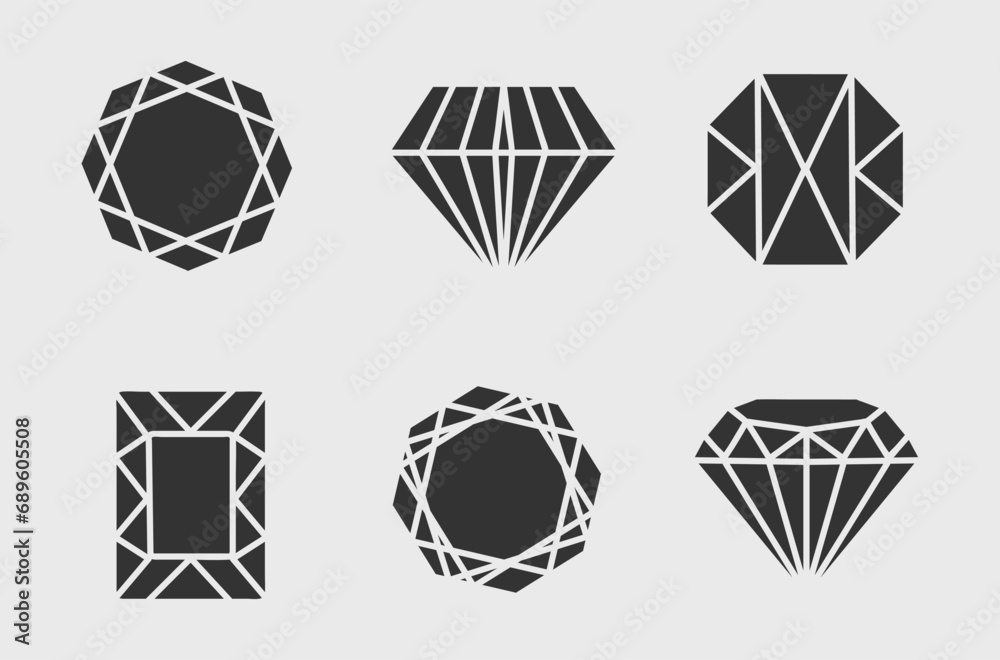 Set of diamonds in flat style. Linear outline sign. Vector icon logo design diamonds. Jewel and gem icons and symbols. Effect background Diamond Shapes gemstone. Star sparkling stars glittery - obrazy, fototapety, plakaty 