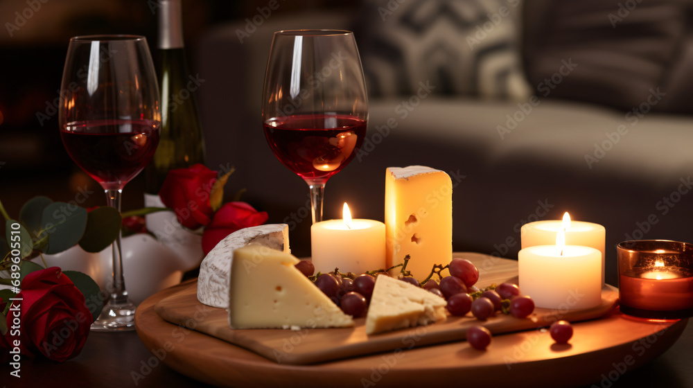Romantic date with red wine set of different cheese