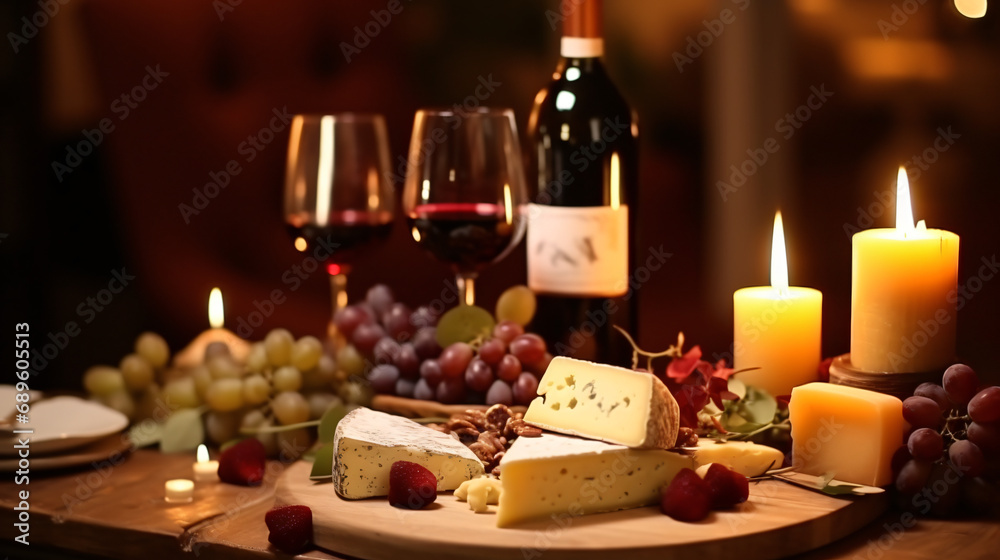 Romantic date with red wine set of different cheese