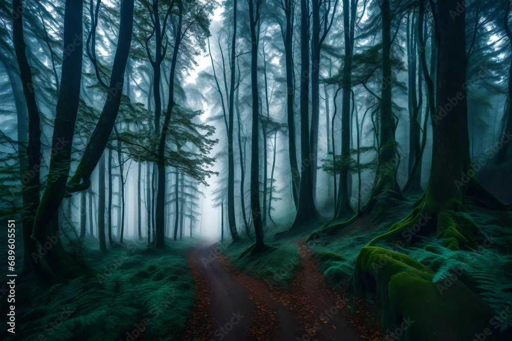 Obraz premium Panorama of foggy forest. Fairy tale spooky looking woods in a misty day. Cold foggy morning in horror forest