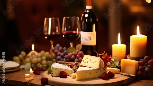 Romantic date with red wine set of different cheese