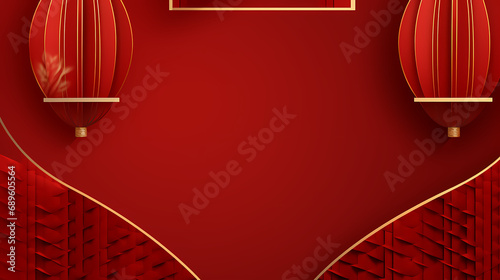 two red chinese lanterns with golden trim on red background, in the style of abstract geometrics, rectangular fields photo