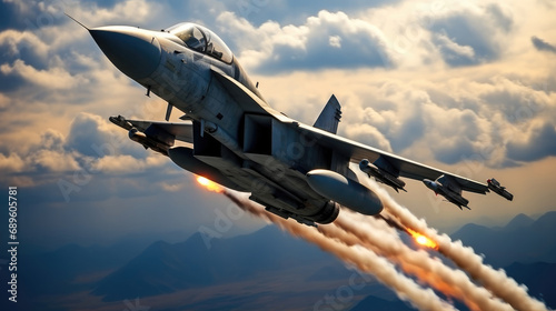 Fighter jet, Combat fighter jet on a military mission with weapons, Air combat. photo