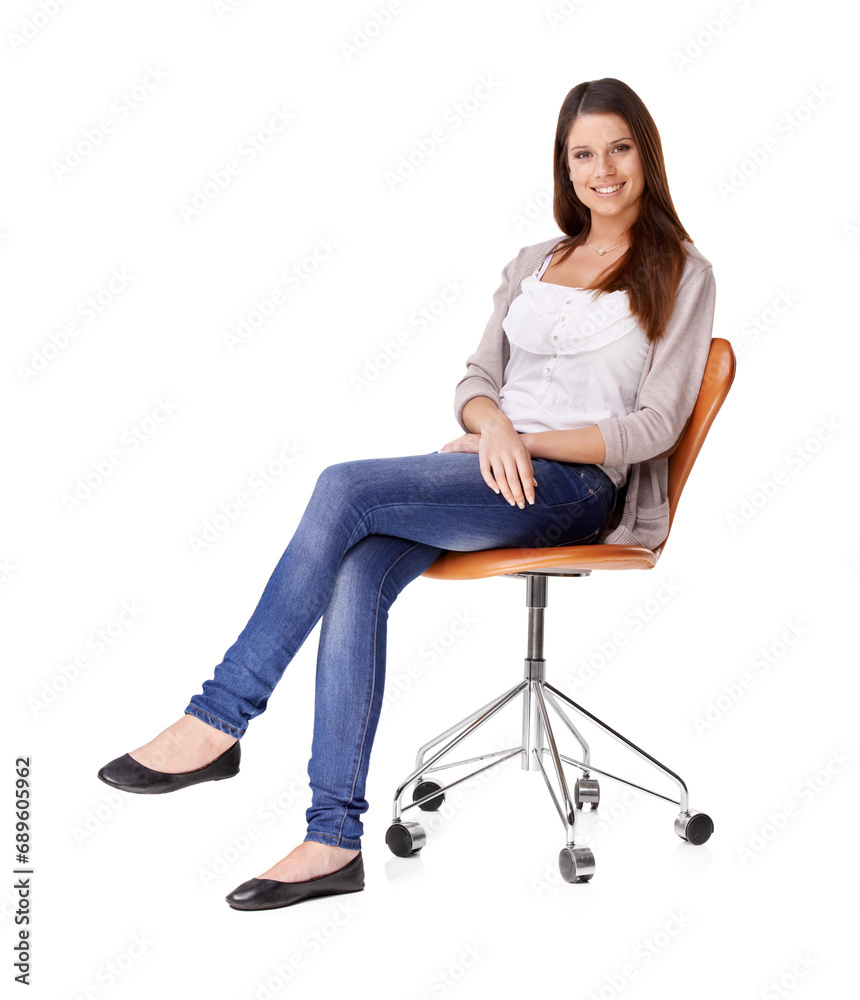 Portrait, fashion and happy woman on a chair in studio for clothes, style or outfit choice on white background. Face, smile or female model on a stool with positive attitude, mindset or confidence Portrait, fashion and happy woman on a chair in studio for clothes, style or outfit choice on white background. Face, smile or female model on a stool with positive attitude, mindset or confidence