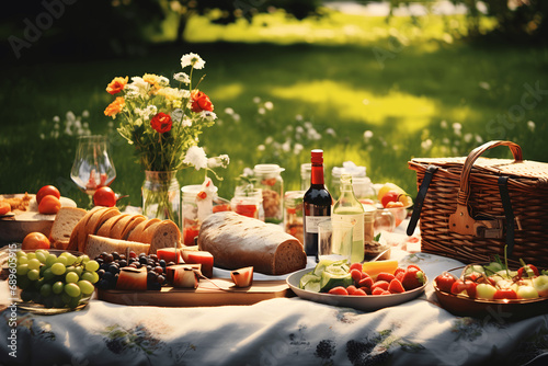 Outdoor Feast: Picnic Basket Brimming with Fresh Bread, Fruits, and Refreshing Drinks in a Park. picnic basket with fresh bread, fruits and drinks in a open area, park, green areas 