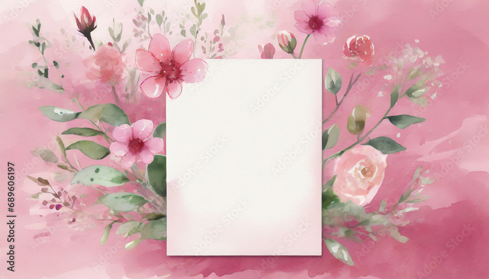 White blank greeting card on the pink background with flowers, love letter, watercolor style