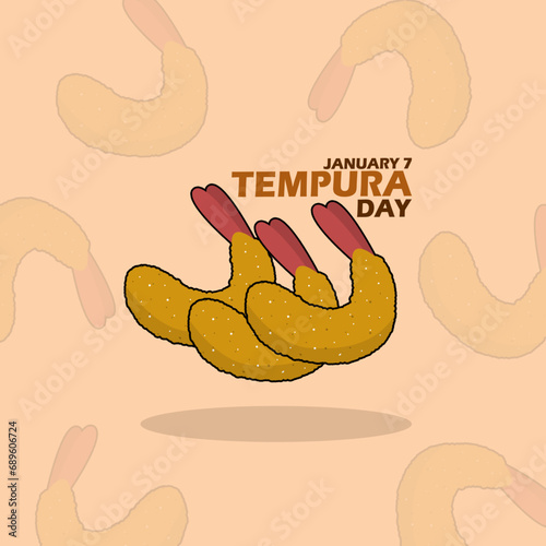 National Tempura Day event banner. Fried tempura appetizer, with bold text on a light brown background to celebrate on January 7th