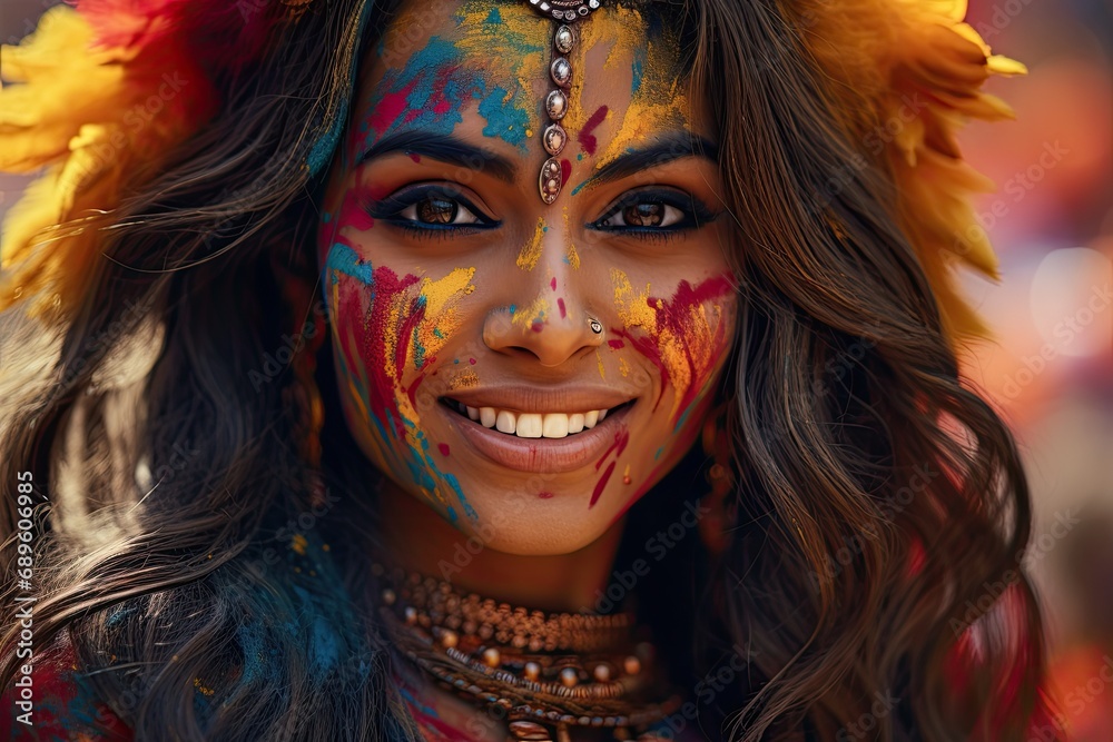 beautiful indian woman with color in her face at a holly festival