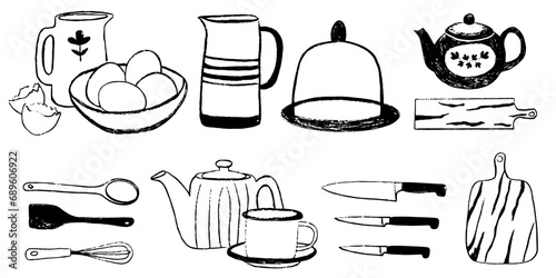 Hand drawn illustration kitchen tools. Vector elements for menu, recipe book, cafe, bakery, packaging in trendy sketch linear style. appliance, assorted, background, bar, blackboard, cafe, chalk, chal