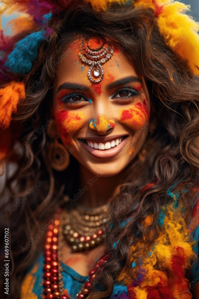 beautiful indian woman with color in her face at a holly festival beautiful indian woman with color in her face at a holly festival