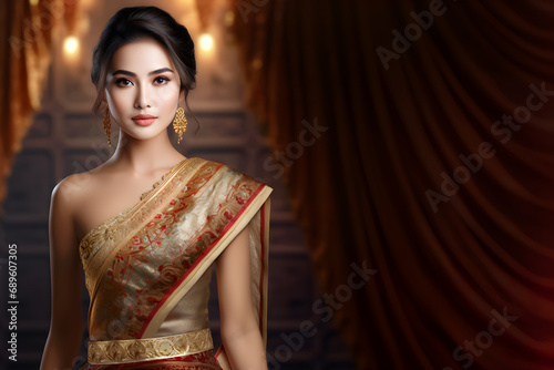 Portrait of a beautiful young asian woman model in luxury traditional thai dress costume, Ancient Thailand style, Southeast asian culture