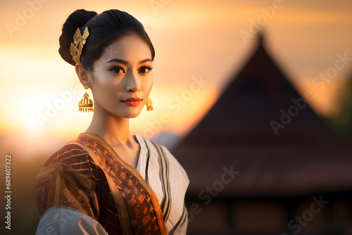Portrait of a beautiful young asian woman model in luxury traditional thai dress costume, Ancient Thailand style, Southeast asian culture photo