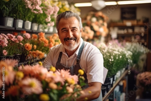 Portrait of man owner selling flowers plants at florist shop . © visoot