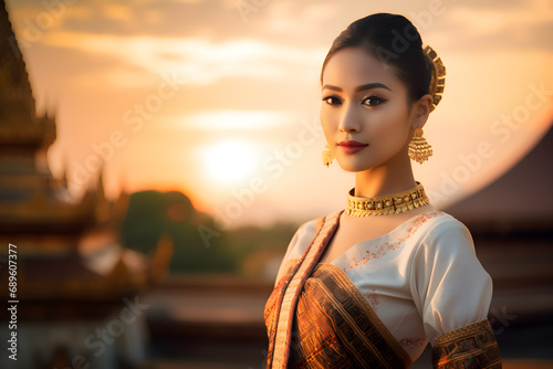 Portrait of a beautiful young asian woman model in luxury traditional thai dress costume, Ancient Thailand style, Southeast asian culture