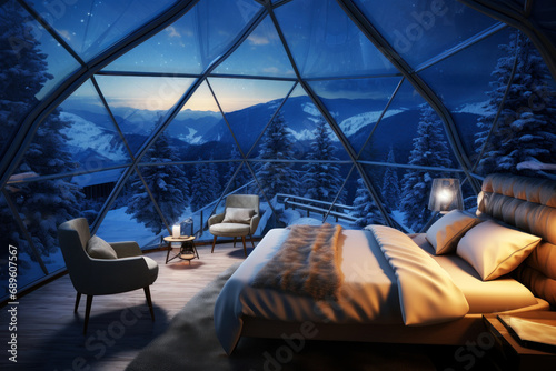 Luxury glass igloo hotel in mountain forest