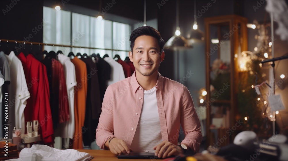 happiness smart confident asia male man boutiqe store shop owner portrait shot smiling cheerful stading in his cloth store shop business owner concept
