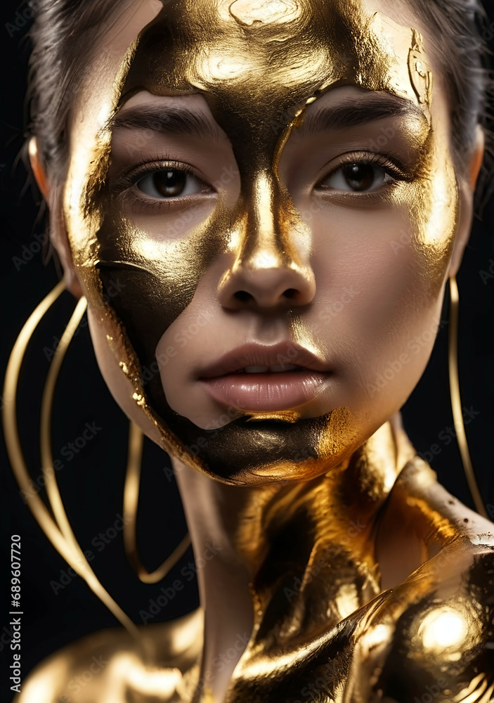 Golden paint smudges drips from the face lips and hand, golden liquid drops on beautiful model girl's mouth, creative abstract makeup. Beauty woman face Golden paint smudges drips from the face lips and hand, golden liquid drops on beautiful model girl's mouth, creative abstract makeup. Beauty woman face