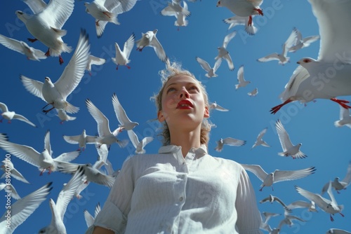 beauty adult teen female woman in casual cloth standing and look down to camera against blue sky clear daylight with ground of flock flyng around with freedom lifestyle background photo