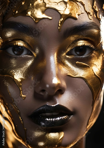Golden paint smudges drips from the face lips and hand  golden liquid drops on beautiful model girl s mouth  creative abstract makeup. Beauty woman face