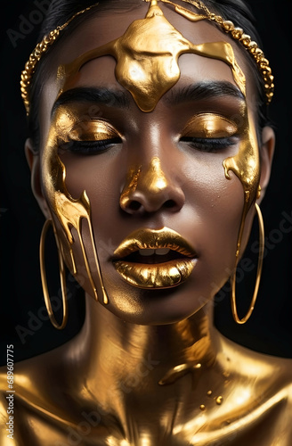 Golden paint smudges drips from the face lips and hand, golden liquid drops on beautiful model girl's mouth, creative abstract makeup. Beauty woman face © Vieriu