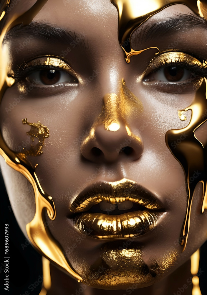 Golden paint smudges drips from the face lips and hand, golden liquid drops on beautiful model girl's mouth, creative abstract makeup. Beauty woman face Golden paint smudges drips from the face lips and hand, golden liquid drops on beautiful model girl's mouth, creative abstract makeup. Beauty woman face