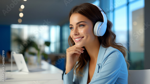 attractive smart adult female business woman working in coporate office wear wireless headphone positive working in modern interior office workspace business ideas concept