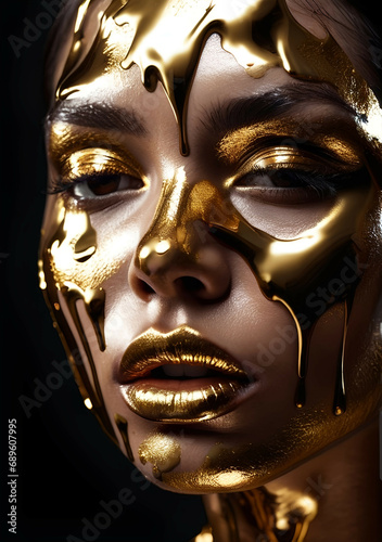 Golden paint smudges drips from the face lips and hand, golden liquid drops on beautiful model girl's mouth, creative abstract makeup. Beauty woman face