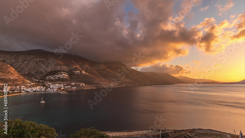 Panorama showing sunset on Amorgos island aerial timelapse from above. Greece