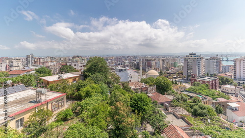 Panorama showing aerial view of city centre and the harbour of Durres timelapse from viewpoint, Albania.