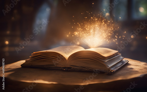Closeup on a magic book with open pages surrounded by mystical rays of light shining out