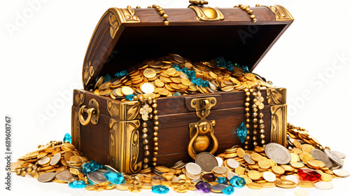 Treasure chest full of antique gold coins photo
