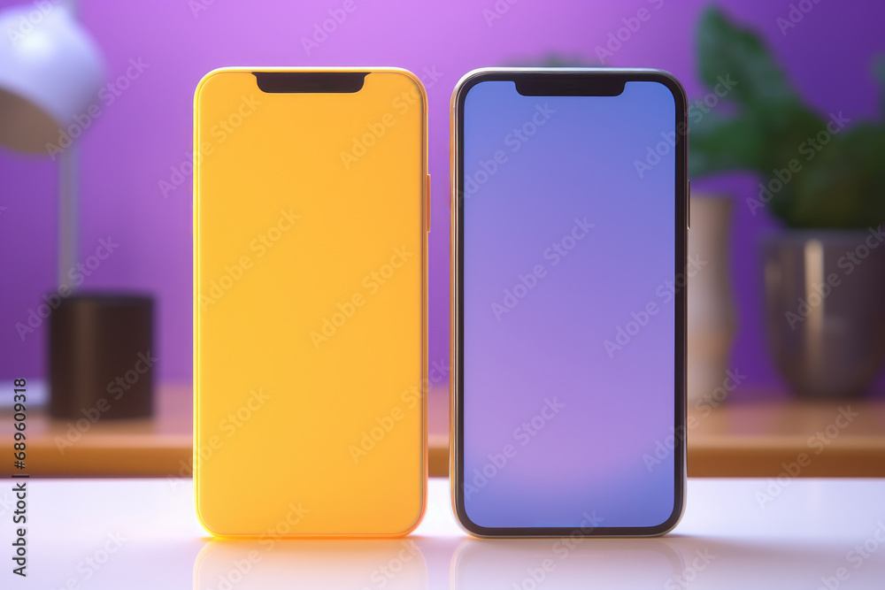 Yellow and blue phone sitting next to each other. Technology or communication concepts. Yellow and blue phone sitting next to each other. Technology or communication concepts.
