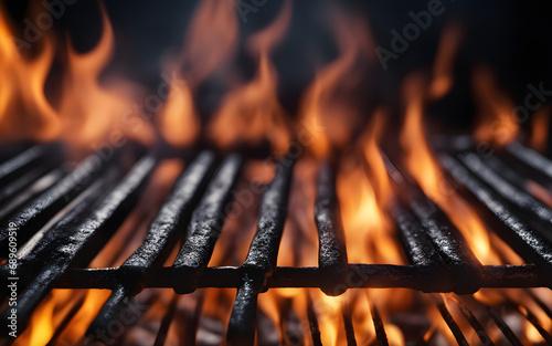 Closeup on an empty barbecue grill with fire flames on a black background