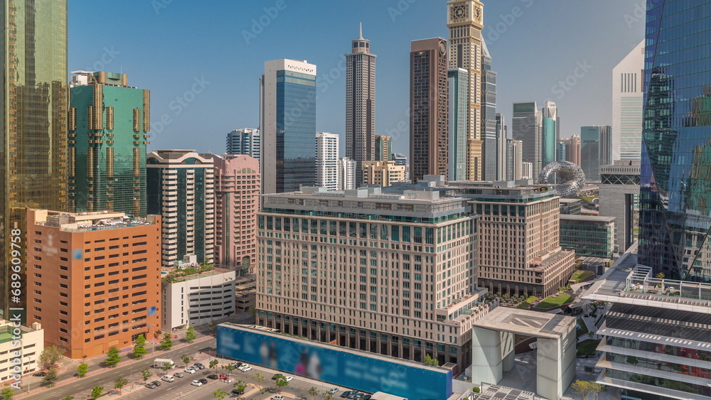 Fototapeta premium Dubai International Financial district aerial timelapse. Panoramic view of business and financial office towers.