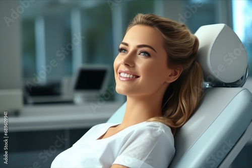 Beautiful woman sitting in dental chair doing fixing her teeth. photo