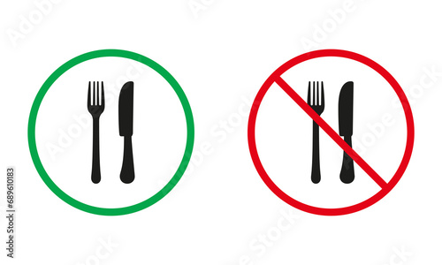 No Food Allowed, Dinner Prohibited Symbols. Knife and Fork Warning Signs. Eating In Restaurant Silhouette Icons Set. Isolated Vector Illustration