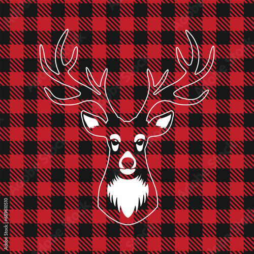 Majestic deer head, elegantly displayed against a bold red and black checkered pattern